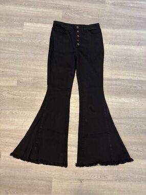 Mumu Blue Jeans Womens 31 Black Flare Fringe Bell Bottoms Hippie Boho Button Fly